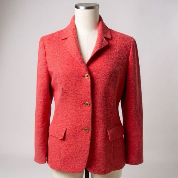 Lands’ End Boiled Wool Jacket Women Size 10 Soft Coral Peach Button Front Blazer - Picture 1 of 16